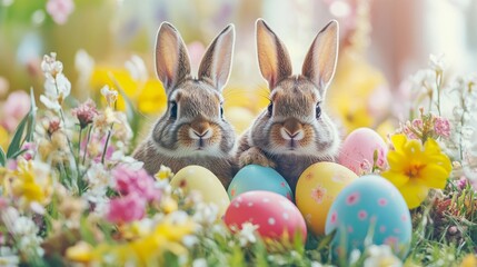 Two adorable Easter bunnies nestled among colorful eggs and spring blossoms creating a joyful and heartwarming festive scene