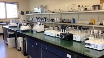A modern lab bench with labeled chemical containers and neatly organized equipment.
