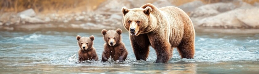 Fototapeta premium Grizzly Bear Family Fishing A Stunning Image of a Mother Grizzly and Her Cubs Learning to Catch Salmon in a Pristine River Witness the beauty of this incredible animal family thriving in their