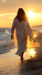 Fototapeta premium Religious figure walking on the beach at sunset 