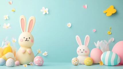 Playful Easter Scene with Cute Bunnies and Decorated Eggs Against a Soft Pastel Background