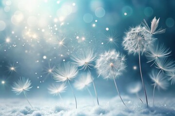 Winter's delicate dance ethereal seed heads in a snowy landscape, illuminated by a soft, magical glow.
