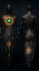 Obraz premium A hero for computer games. Stylized mannequins with golden designs against a dark background
