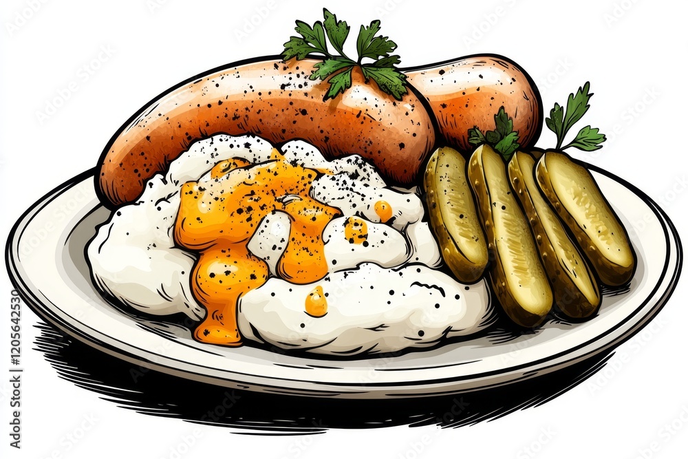 Poster a simple 2d drawing of a wurst sausage plate with mashed potatoes and pickles, illustrated with brig