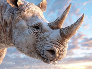 Fototapeta premium Majestic Rhino at Sunrise A Symbol of Conservation in African Safari, Endangered Wildlife Photography Witness the breathtaking beauty of a rhinoceros captured at dawn, showcasing the urgent need for