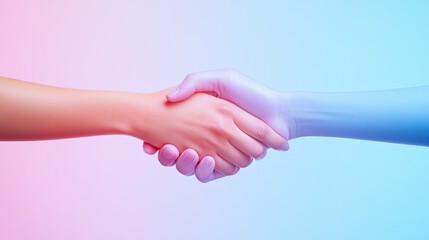 Handshake with futuristic and pastel aesthetic, futuristic collaboration handshake concept, pastel-colored handshake representing partnership, Respect for Women Everywhere