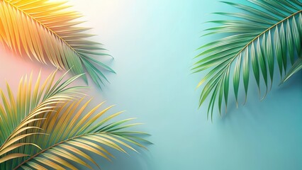 Serene Tropical Palm Fronds Arranged on a Soft Blue Background, Ideal for Summer Designs and Relaxation Themes