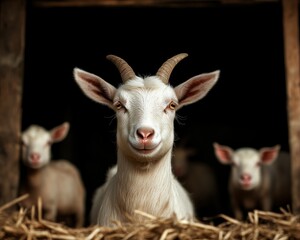 Fototapeta premium Picturesque Barn Scene Goats and Pigs Roaming Freely on a Rural Farm, Embodying Traditional Farming Practices, Idyllic Countryside Life, Rustic Charm, Animals Grazing Peacefully, Sustainable