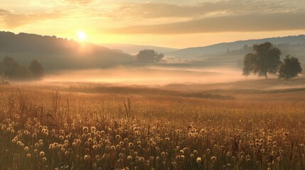 A peaceful scene of misty mountains and valleys glowing under soft morning light.