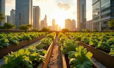 Fototapeta premium A rooftop farm bathed in golden sunlight, with rows of vegetables and herbs growing in neat wooden beds, surrounded by modern skyscrapers and a clear, cloudless sky.