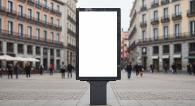 Blank advertising billboard in front of a classic building facade in madrid,ideal for mockups and marketing
