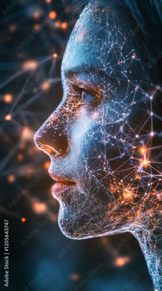Poster Digital network overlaying woman's profile, visualizing neural connectivity and AI technological advancement