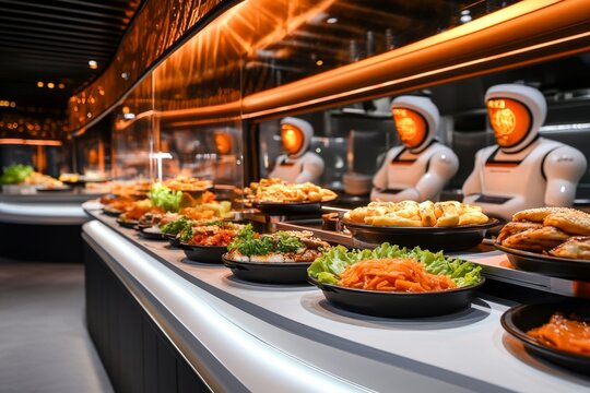 A futuristic food court where robotic chefs prepare sushi and burgers, with glowing holograms displaying menu items and yuan as payment options
