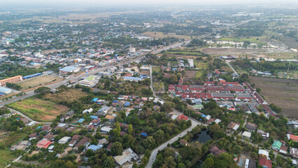 Drone shot aerial view of scenic landscape of Thailand countryside village