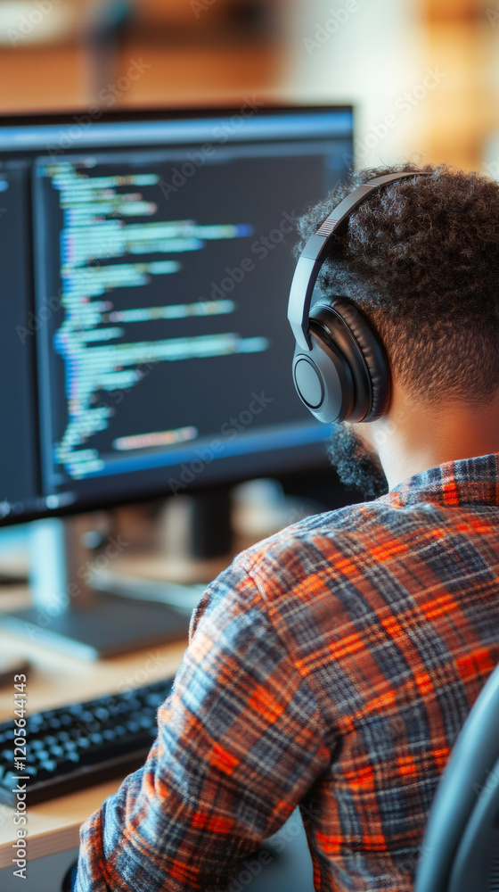 Fototapete software developer coding at desktop workstation, wearing headphones, back turned to viewer