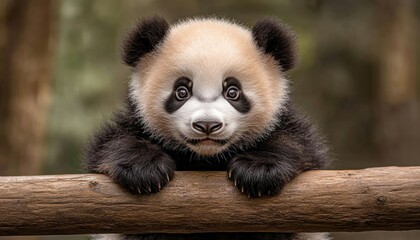 Obraz premium Watch this adorable panda cub's charming climb A captivating video captures the playful motion of a tiny panda navigating a bamboo stalk in its natural habitat Witness the irresistible cuteness and