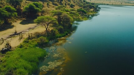 Naklejka premium Aerial view of a tranquil lake surrounded by lush green trees and a grassy shoreline