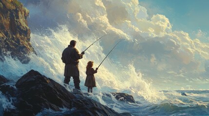 A father and daughter fishing off a rocky shore, with waves gently crashing around them.