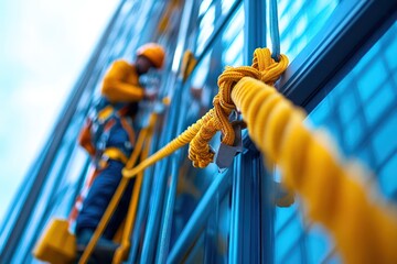 Safety check of a high-rise building's window cleaning equipment, focusing on harnesses, support systems, and operational controls.