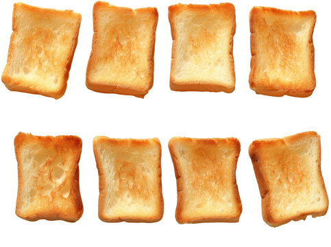 Eight beautifully toasted bread slices displayed in a row