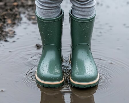 Close-up of child's boots splashing in puddle, rain drops visible, joyful and dynamic moment - Powered by Adobe