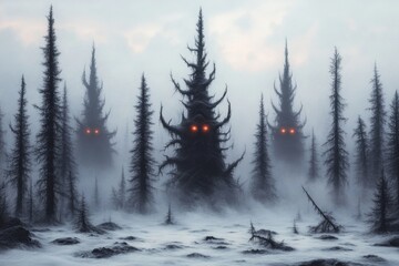 A gothic depiction of Yellowstone forest at night, with twisted trees, thick fog, and eerie glowing eyes of unseen creatures in the darkness