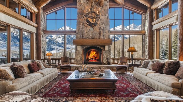 Open-plan great room with a central fireplace, plush seating, and expansive window views.