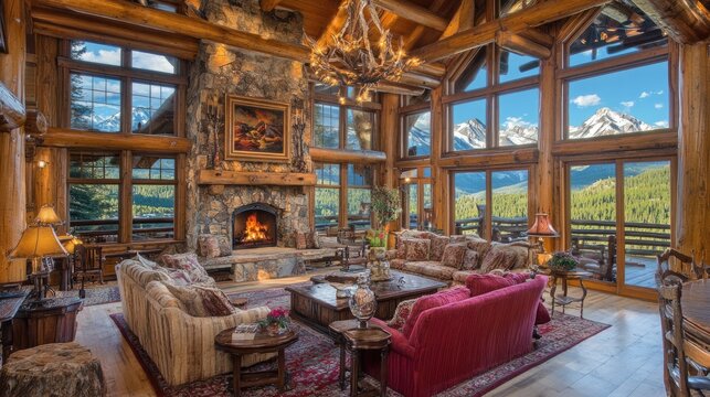 Open-plan great room with a central fireplace, plush seating, and expansive window views.