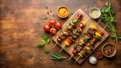 Grilled meat and vegetable skewers on a wooden board with assorted spices and sauces