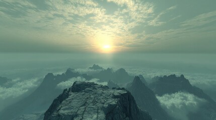 A serene sunrise view from a mountain summit, with clouds beneath the peaks.