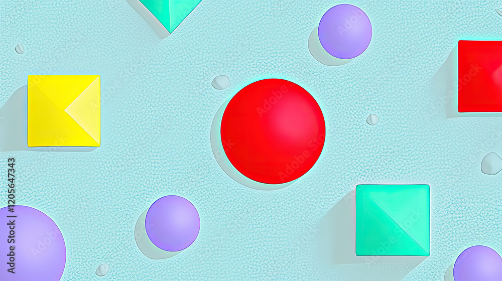 Poster vibrant abstract composition with neon multicolor shapes on a soft blue background