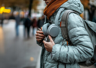 On-the-Go Style: Headphones in a Leather Bag