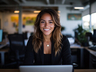 Fototapeta premium A young, busy Hispanic businesswoman in formal attire working on a laptop with no logo visible on the back cover at her bright ambience office desk, smiling as she reviews tasks as an HR