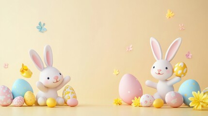 Obraz premium Charming Easter scene featuring adorable bunnies and pastel decorated eggs, flowers and a warm light yellow background