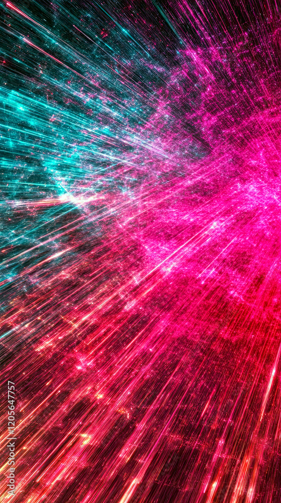 Poster multicolor neon explosion creates a vibrant light show in a dynamic urban setting