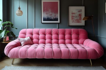 Stylish pink velvet sofa bed with gold frame and brass legs in elegant living room. Modern design with side table for luxury decor.