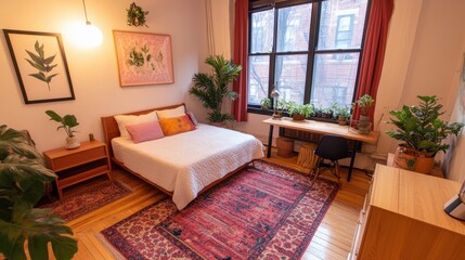 A small but stylish bedroom with functional furniture, bright linens, and a touch of greenery.
