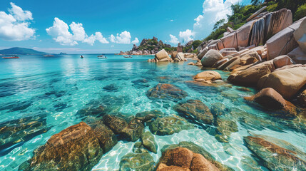 Crystal clear turquoise water gently laps against smooth rocks, creating serene coastal scene. vibrant blue sky is dotted with fluffy white clouds, enhancing tranquil atmosphere