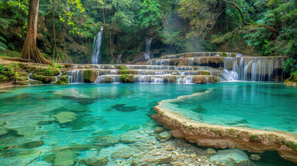 Naklejka premium serene waterfall cascading into turquoise pool surrounded by lush greenery, creating tranquil natural oasis. vibrant colors and peaceful atmosphere invite relaxation and exploration
