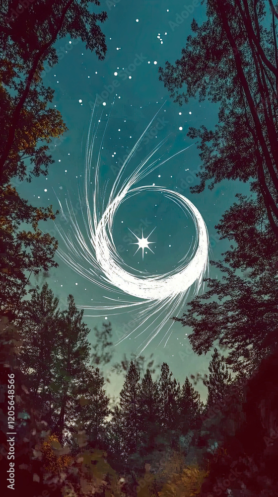 Poster orions loop shines bright against a twilight sky filled with stars and swirling cosmic trails