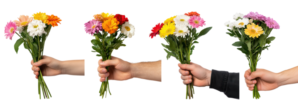Set of hands holding flower bouquets isolated on transparent background