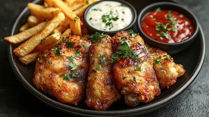 Roasted Chicken Wings with French Fries and Dipping Sauces A Flavorful and Satisfying Meal