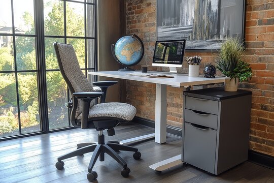 White and black standing desk with office chair and grey file cabinet. Decor items include globe, book, and pen holder in modern home office style.