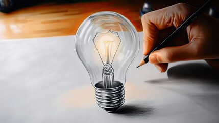 A hand holding a pencil is drawing a sketched light bulb on a white background.