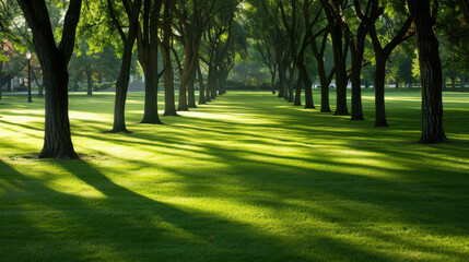 Lush green park with tall trees casting shadows on grass, creating serene atmosphere. sunlight filters through leaves, enhancing peaceful setting