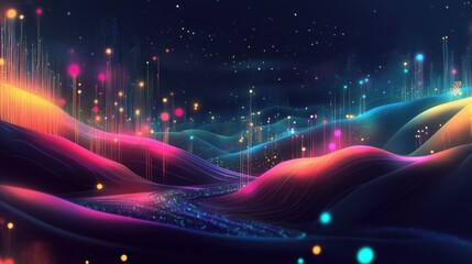 A futuristic digital landscape featuring glowing data streams, holographic graphs, and AI neural networks interconnected in vibrant colors.