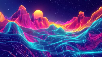 A futuristic digital landscape featuring glowing data streams, holographic graphs, and AI neural networks interconnected in vibrant colors.