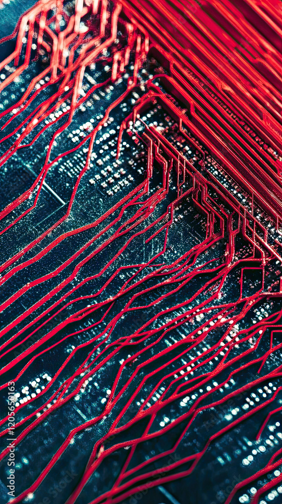 Poster Intricate Network of Red Circuits on a Dark Circuit Board Illuminated by Soft Light