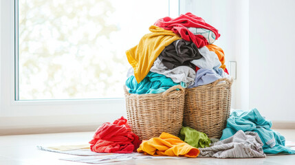 colorful pile of laundry in wicker baskets on floor