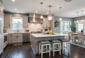 Modern kitchen interior with island and dining area